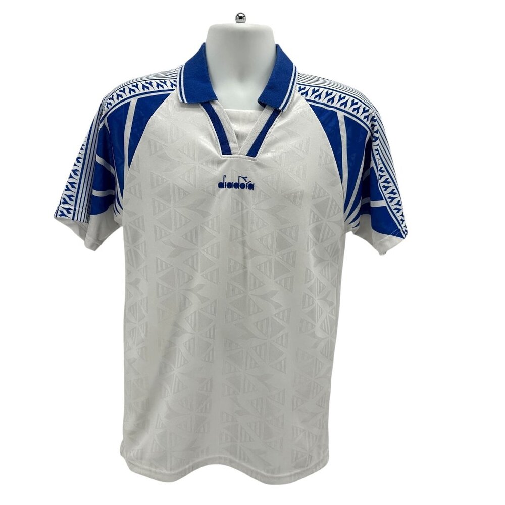 Vintage Diadora Mens Small Jersey Soccer Football White Blue Futbol